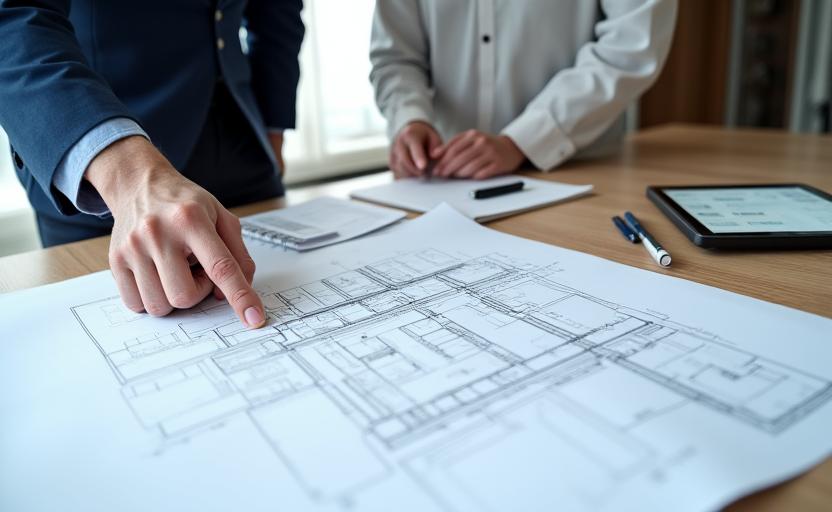 設計図を広げて打ち合わせる建築家と顧客