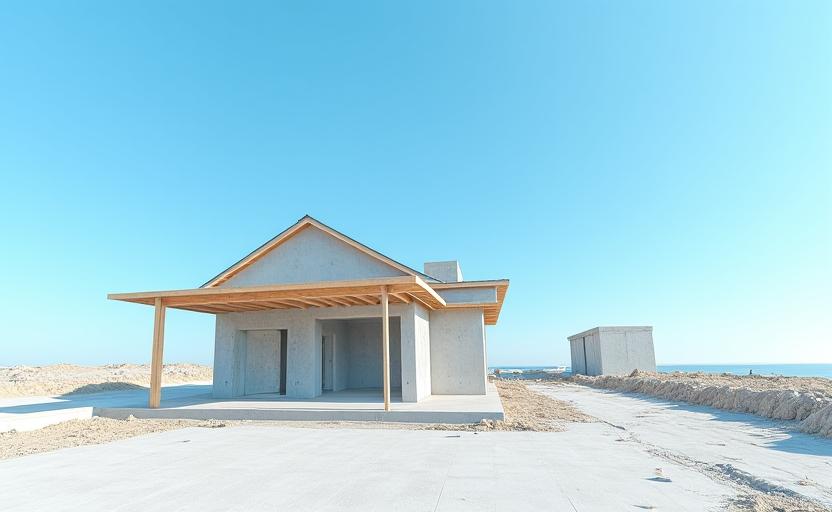 建築中の住宅の基礎工事と青空